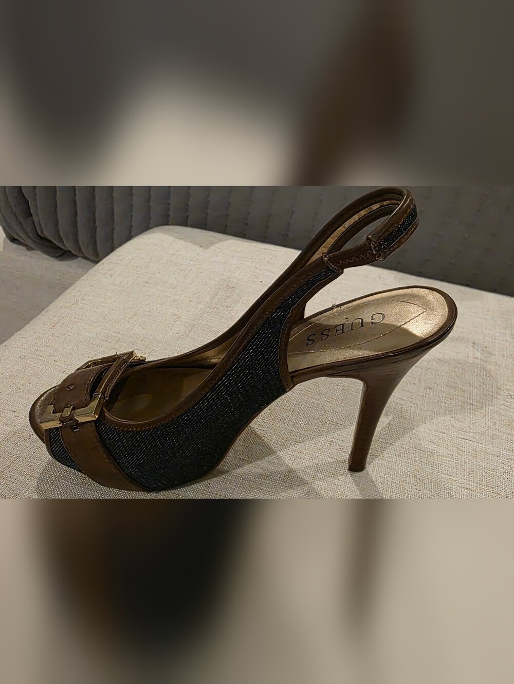 GUESS Brown & Navy Peep-Toe Slingback Heels with Gold Buckle - Picture 2 of 6